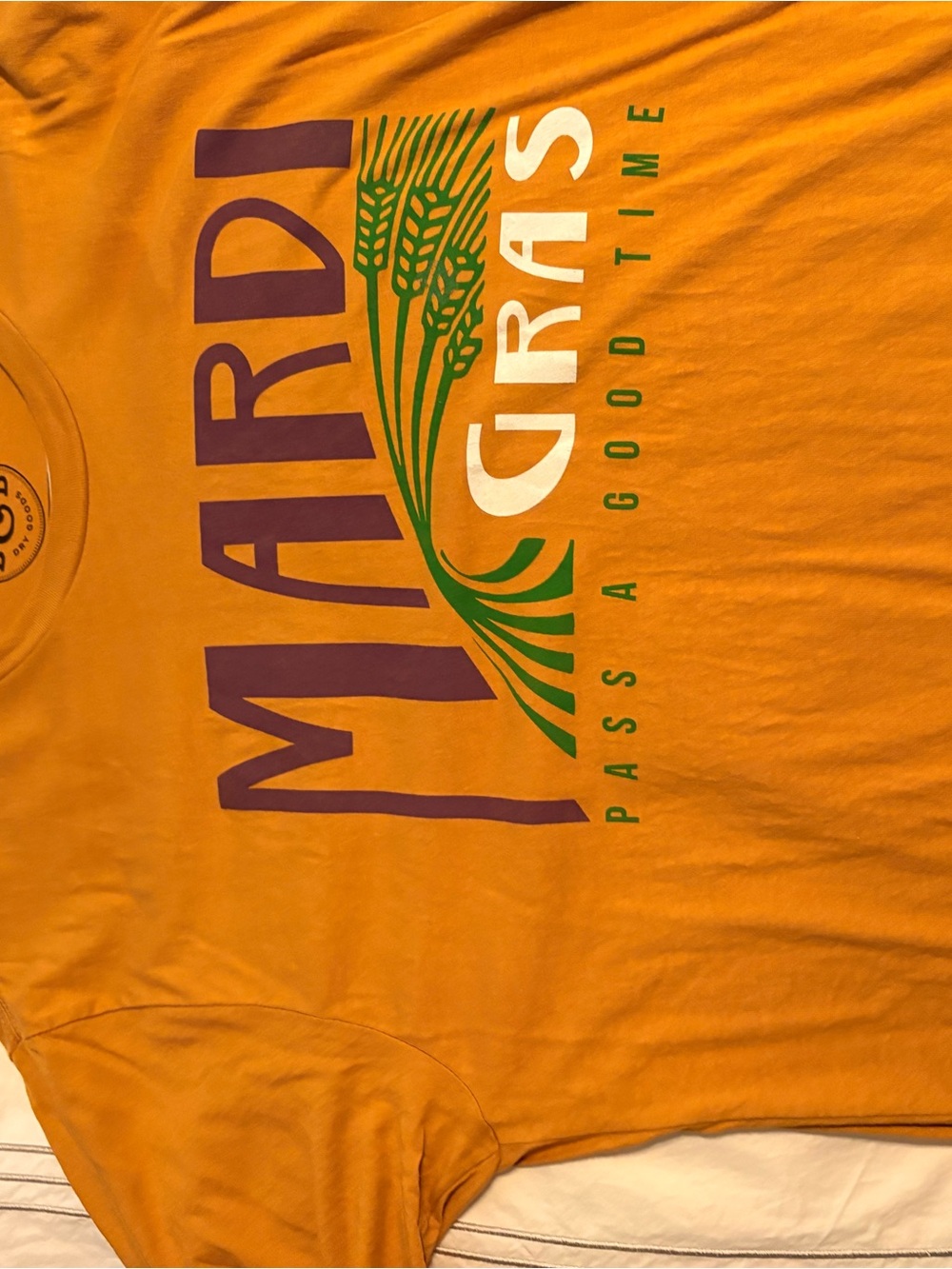 Dry Goods Orange Mardi Gras Graphic Tee with Green & Purple Accents